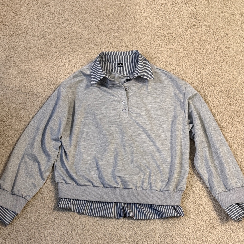 SHEIN Gray Striped Collar Sweater